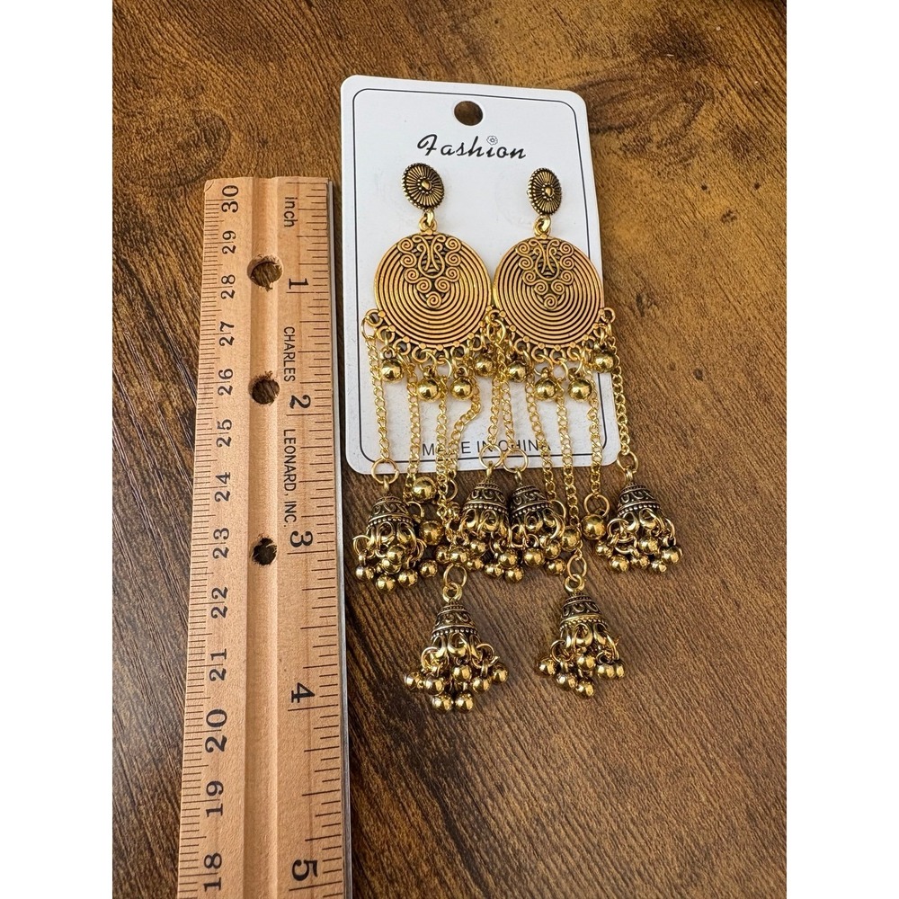 Vintage Style Gold Tone Jhumka Tassel Dangle Earrings Boho Statement NWT - Picture 3 of 4
